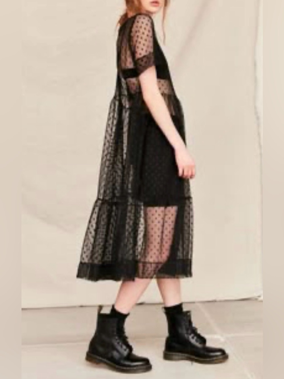 Black Polka Dot Mesh Midi Dress Like New